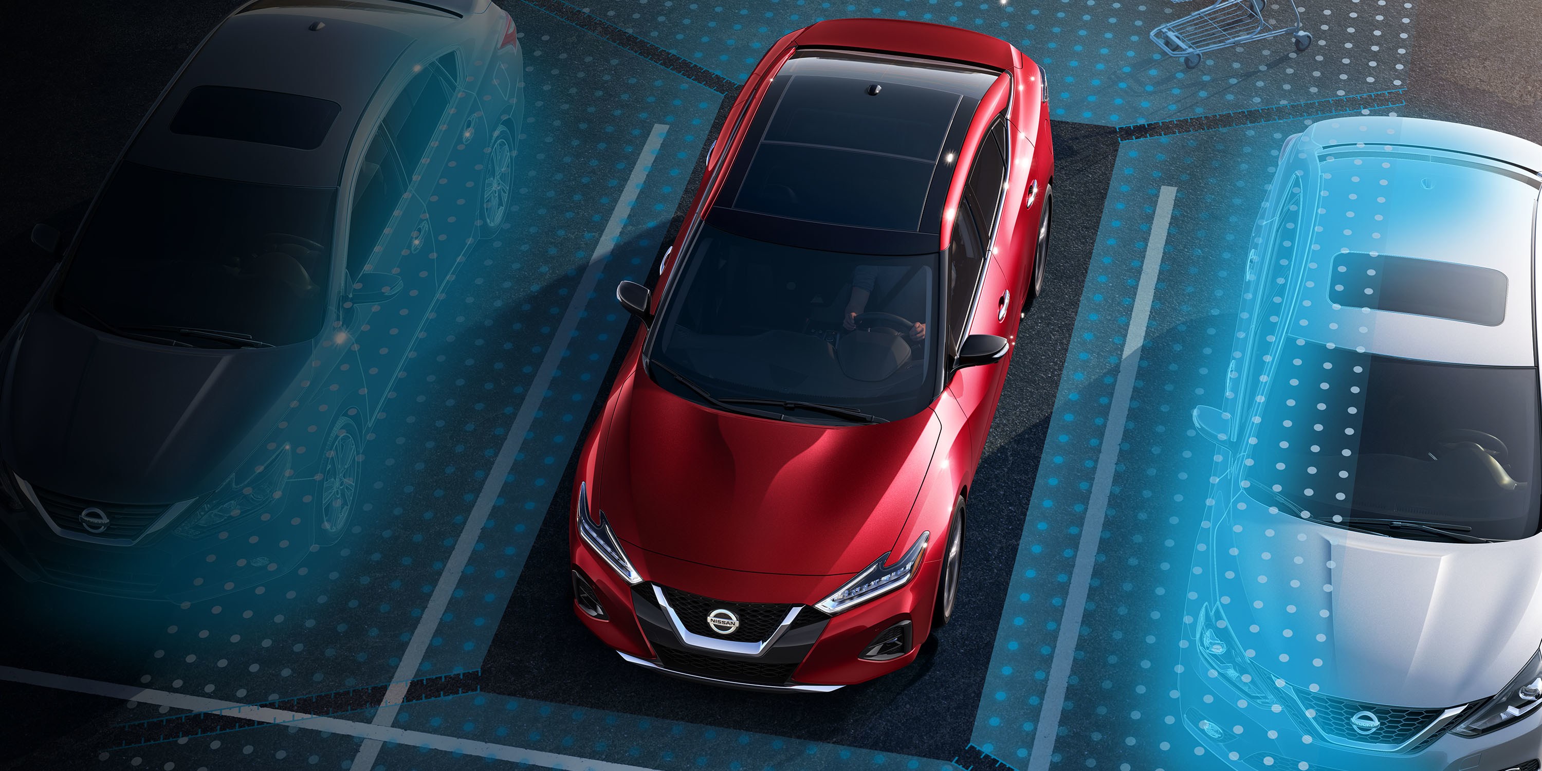Red Nissan Maxima parallel parking virtual above view